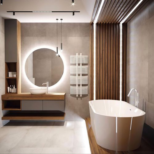 Modernes Badezimmer mit freistehender Badewanne, Waschtisch und stilvoller Beleuchtung.